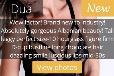 Dua. Wow factor! Brand new to industry! Absolutely gorgeous Albanian beauty! Tall leggy perfect size-10 hourglass figure firm D-cup bustline long chocolate hair dazzling smile luscious lips mid-30s