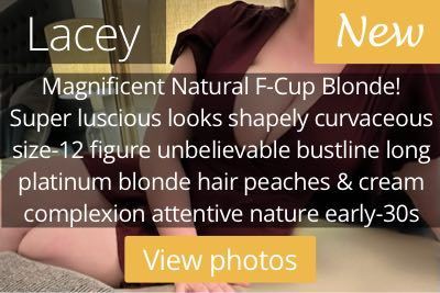 Lacey. Magnificent Natural F-Cup Blonde! Super luscious looks shapely curvaceous size-12 figure unbelievable bustline long platinum blonde hair peaches & cream complexion attentive nature early-30s